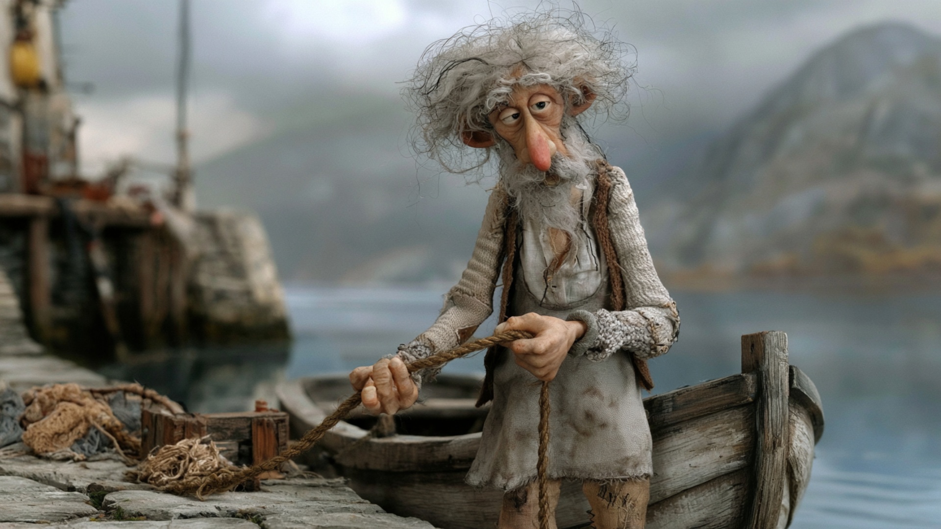 Gentle cinematic push-in. The fisherman makes one controlled pull on the exact rope already held ...