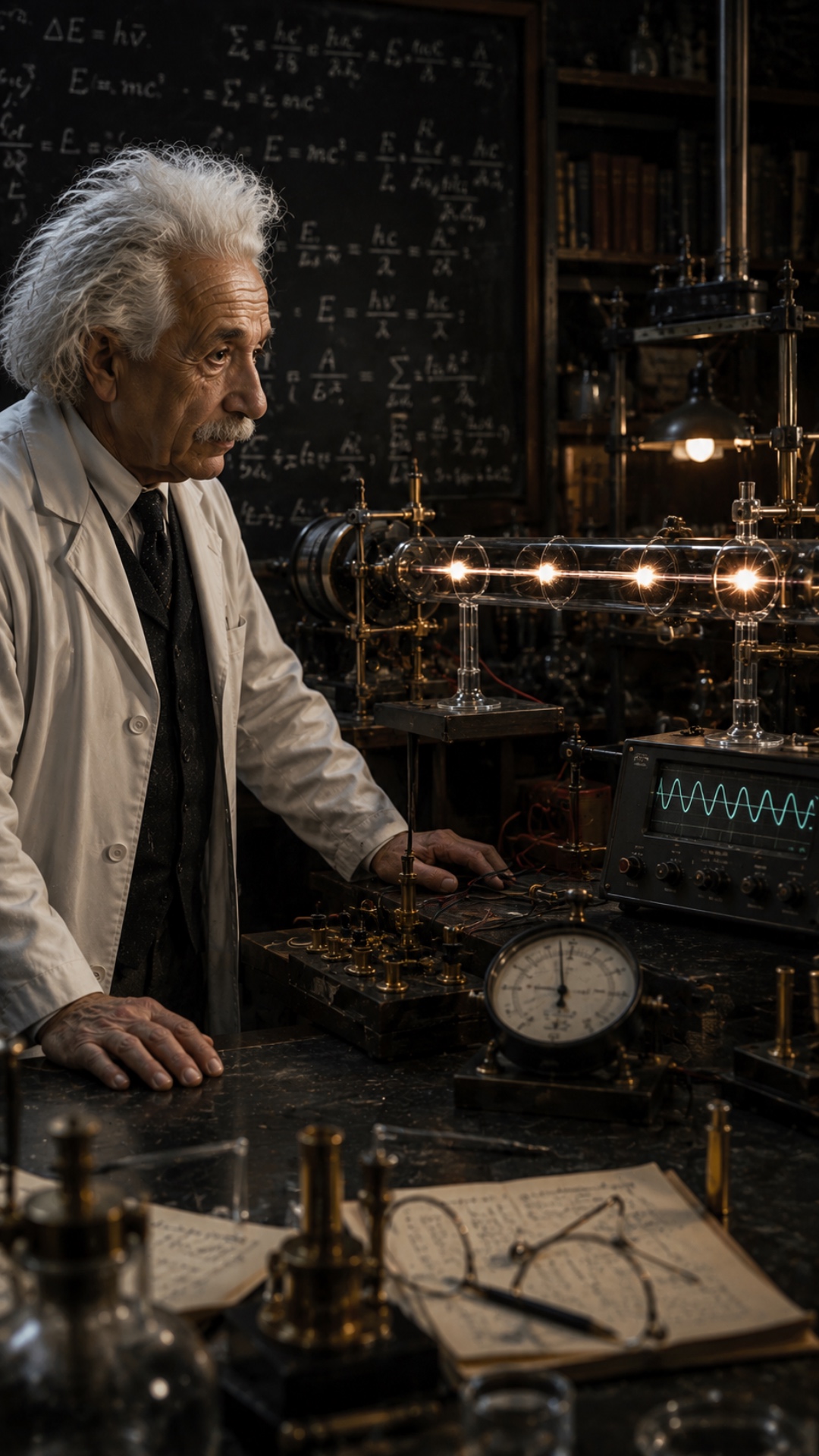 The elderly fictional scientist looks directly into the camera and speaks calmly and confidently....