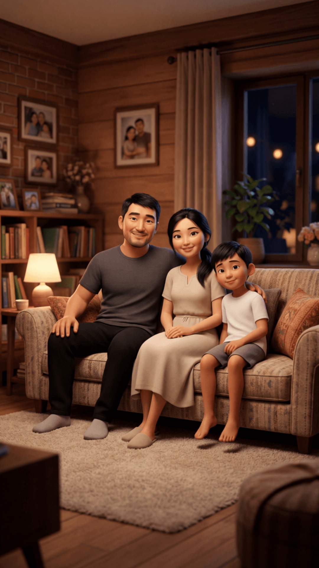 SCENE 10 — Simple emotional ending

Cinematic 3D Pixar-style, cozy living room, warm soft light.
...