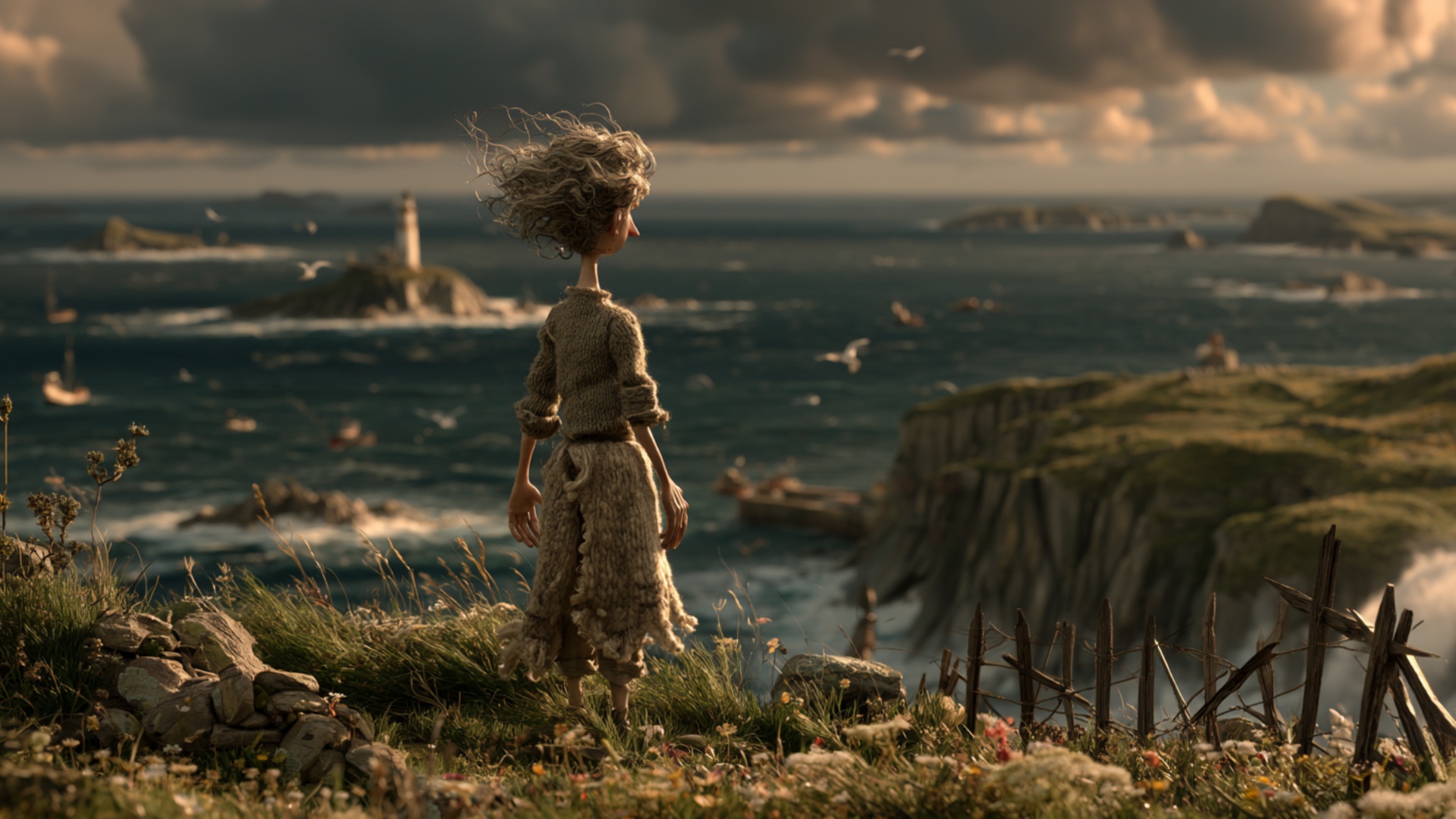 The woman stands on the grassy cliff overlooking the rough sea. Strong coastal wind continuously ...
