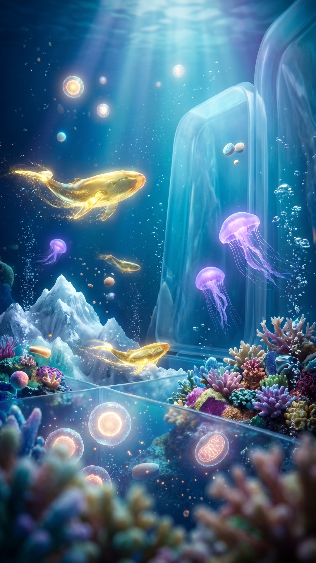 Create a cinematic surreal video of an unbelievably beautiful underwater world hidden inside a bi...