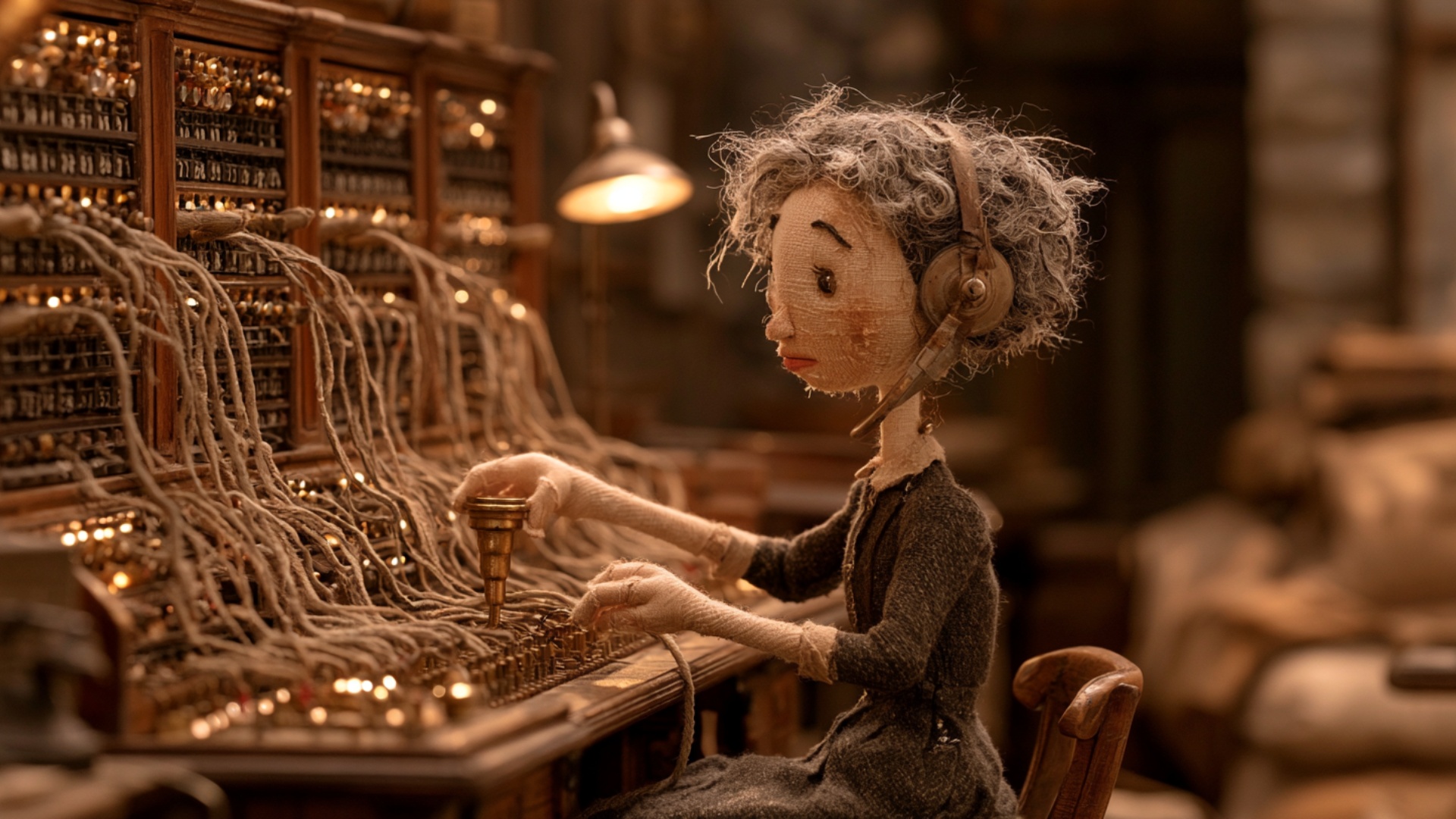 The operator keeps the existing headset firmly in place and lifts the brass plug already in her r...