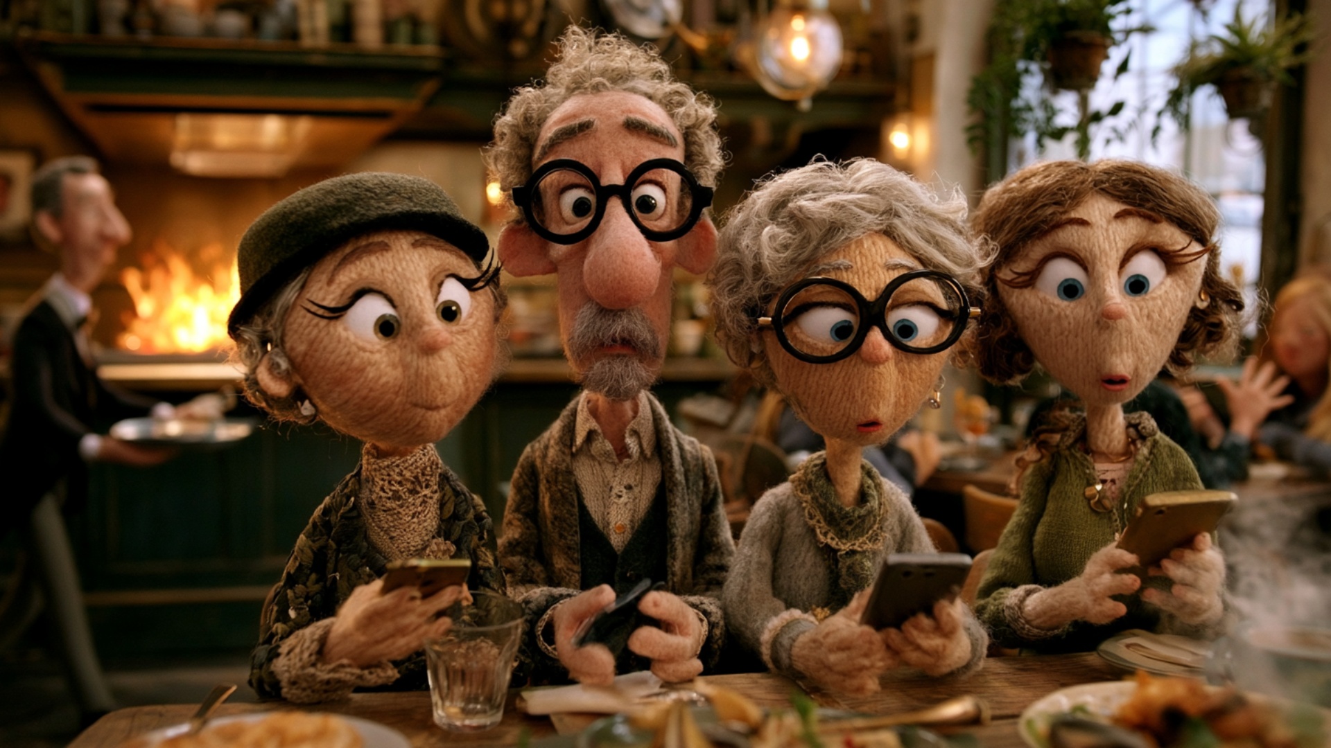 The four older friends remain seated at the table and continue interacting with their phones in s...