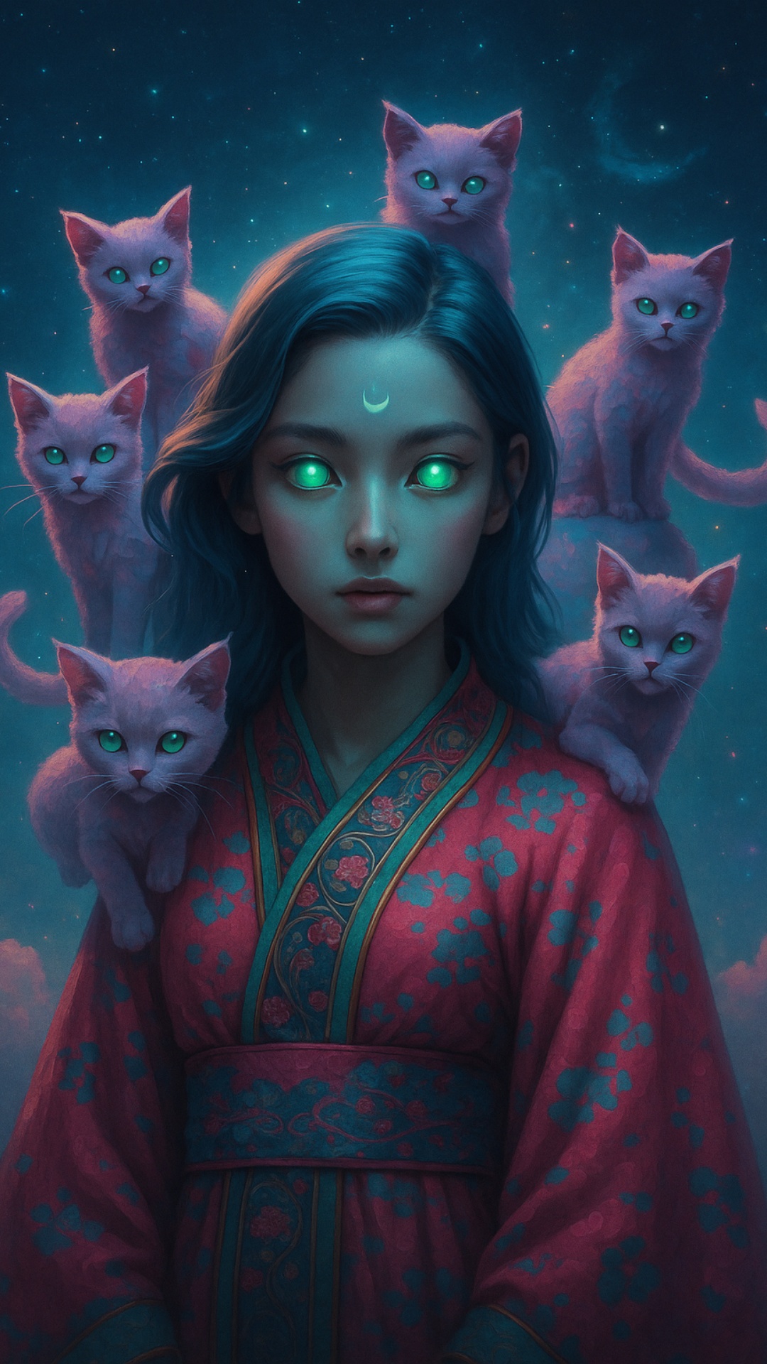 A mystical girl with glowing green eyes and a crescent moon on her forehead stands still under a ...