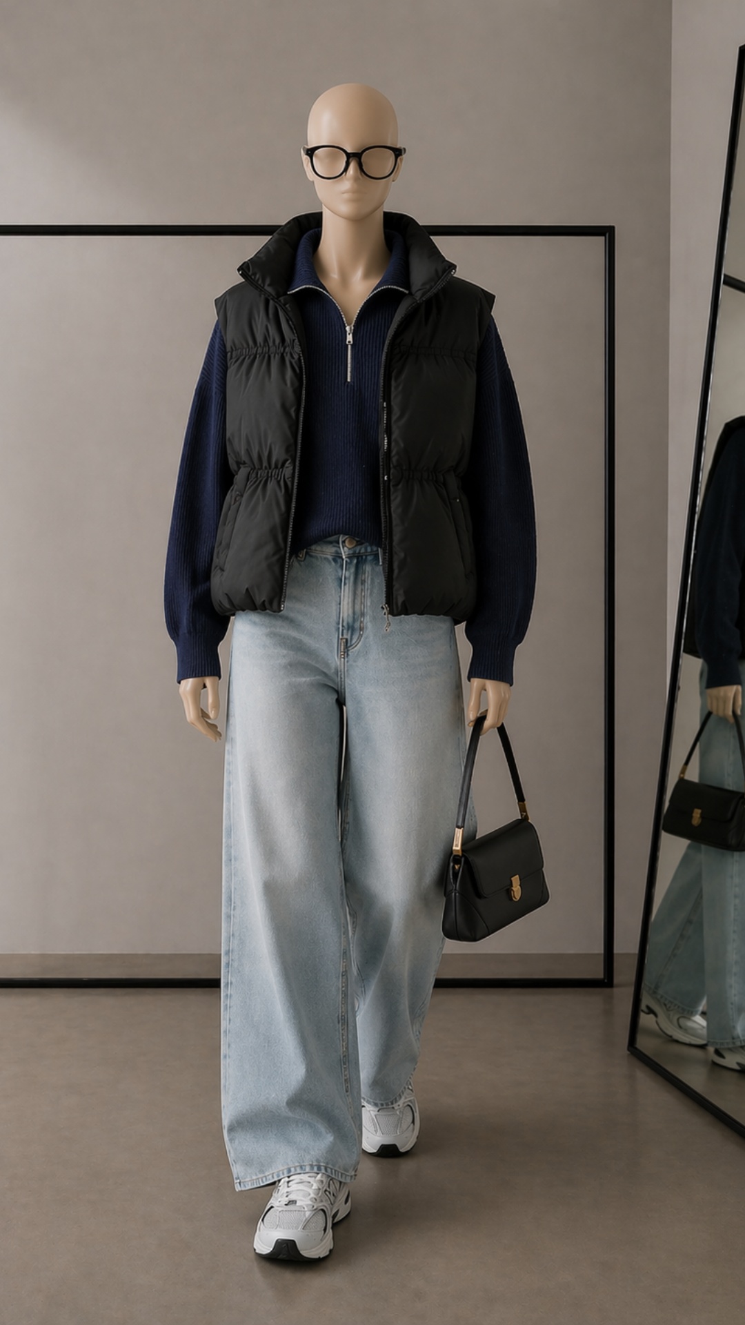 Description:

Minimalist fashion studio. Female mannequin wearing a black down vest, dark blue ...