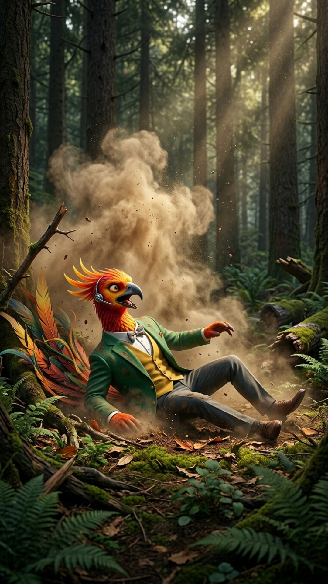 Subject: Bird
Context: Open grassy field
Action: Crouching after falling, looking around, shaking...