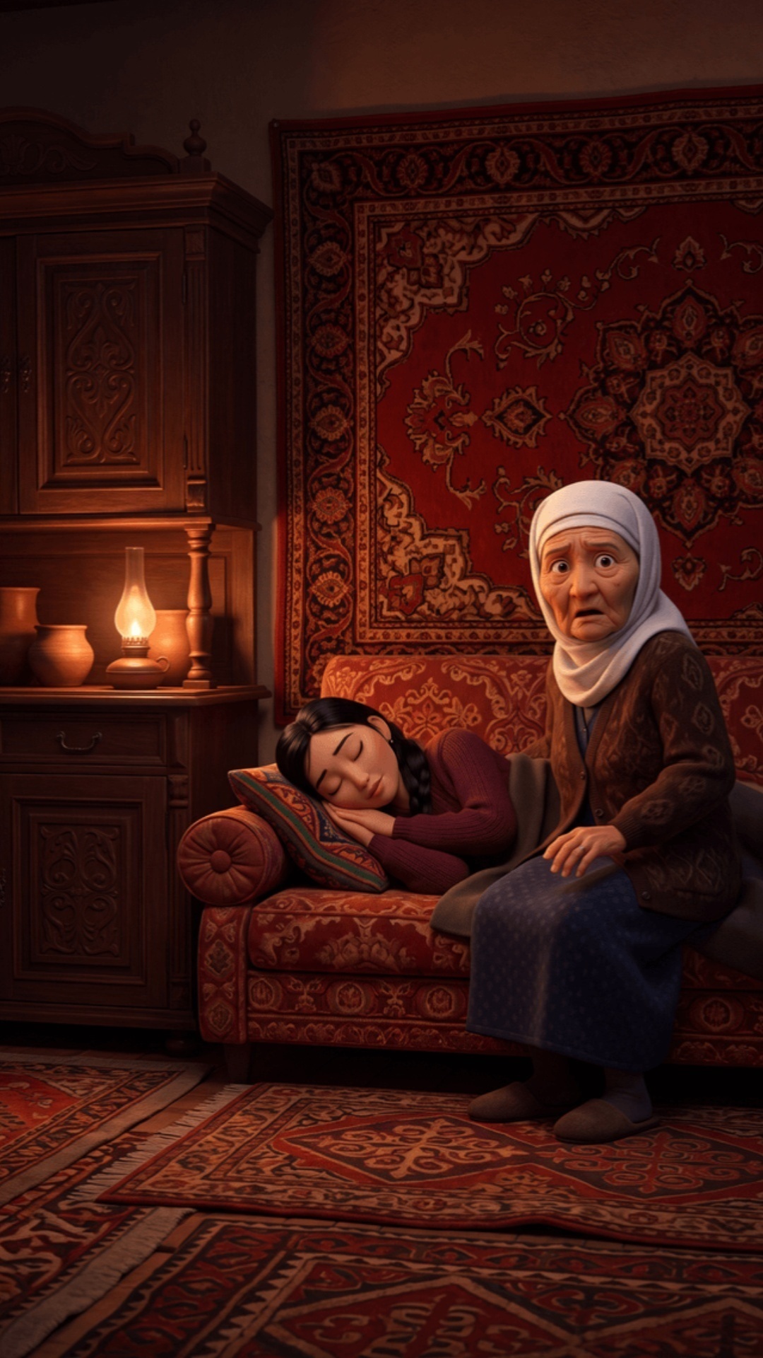 ONLY the Grandmother speaks in this entire clip. Kyrgyz home room at evening, warm oil lamp glow ...