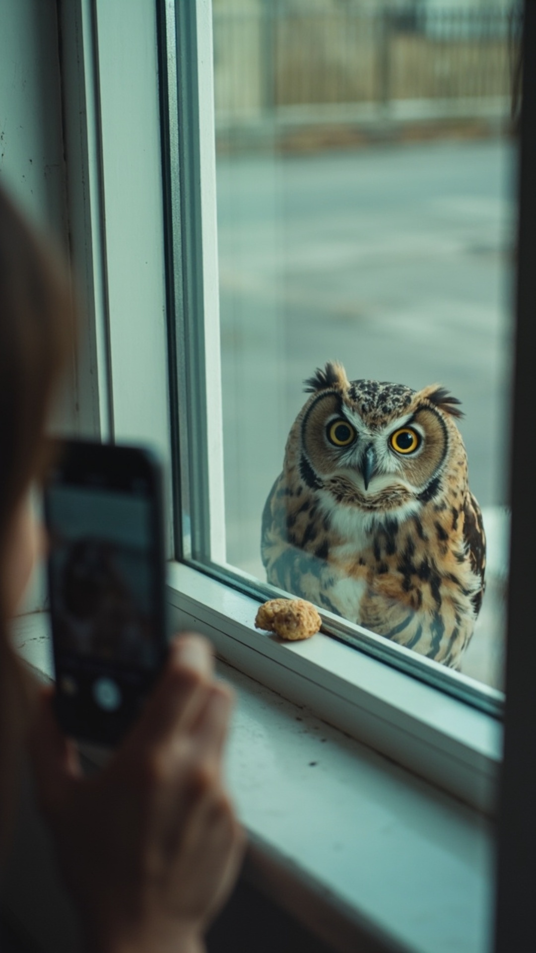 A hyper-realistic slow-motion video shot from inside a cozy room during dusk. The camera is handh...