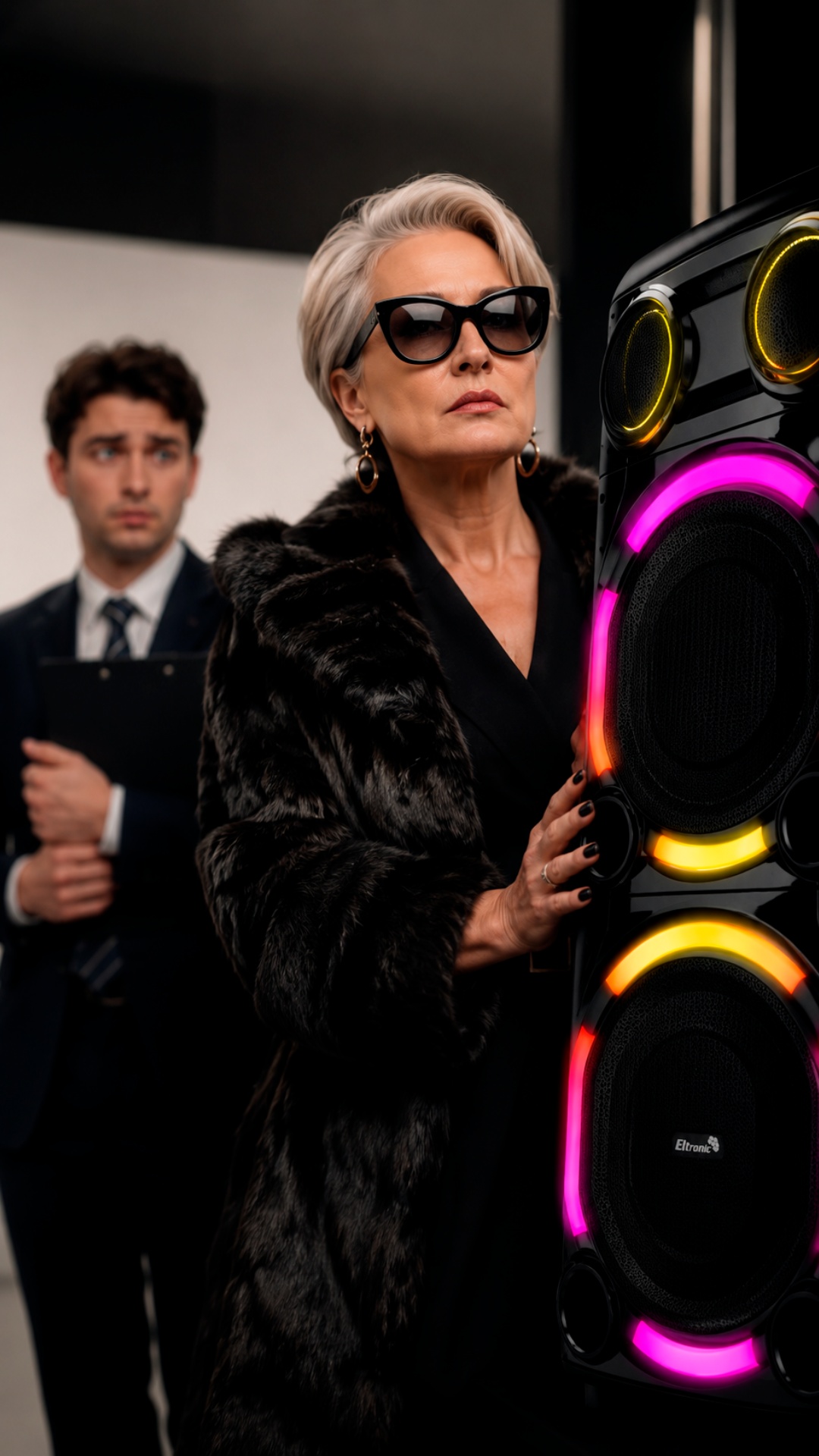 Strict older fashion boss woman slowly examines large Eltronic speaker with visible disappointmen...