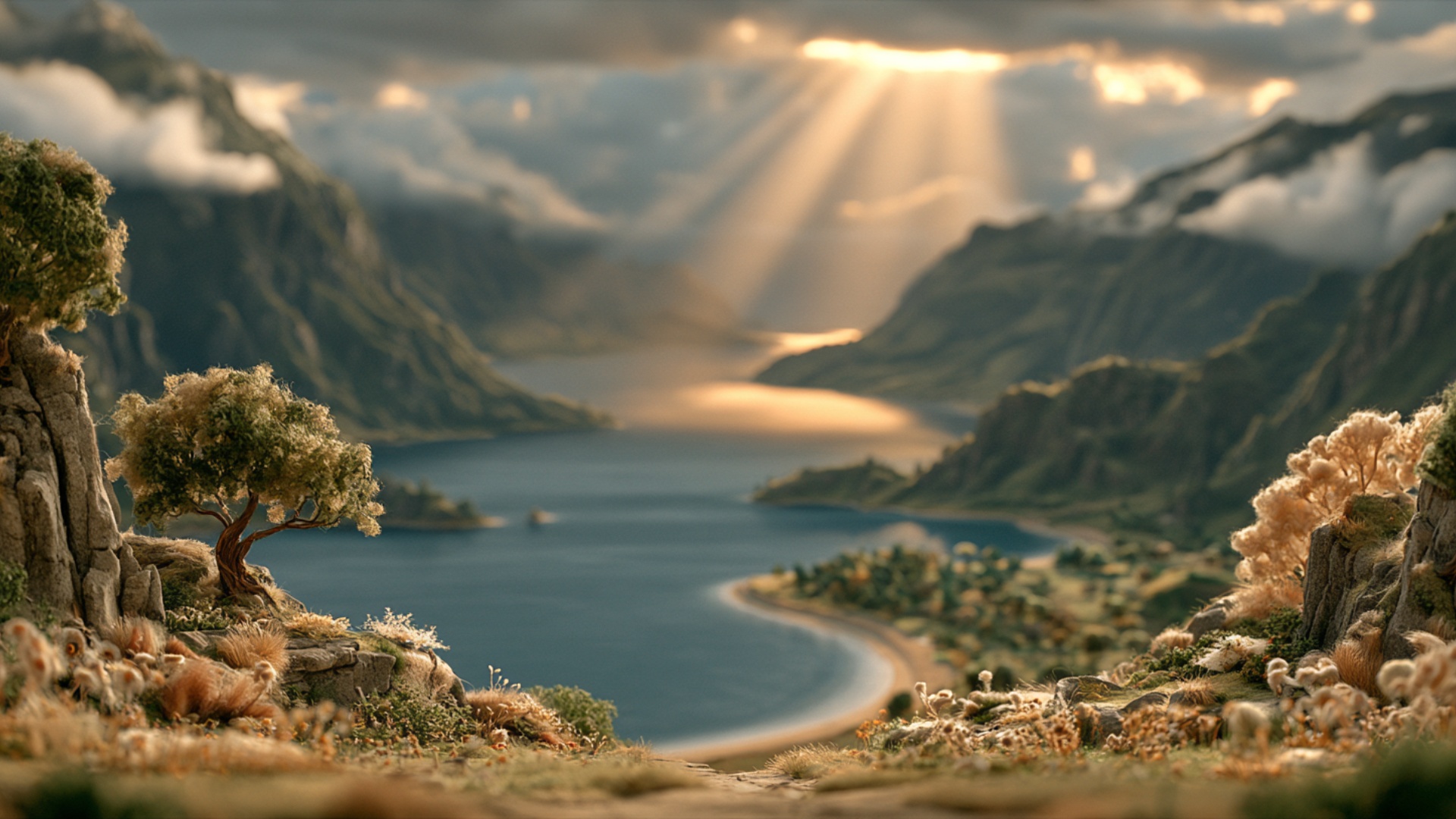 Gentle cinematic push toward the illuminated valley. The existing cloud opening widens as darker ...