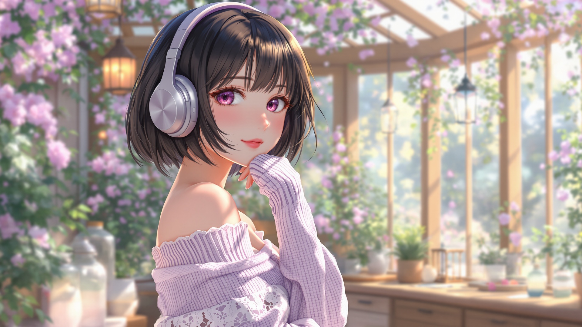 A fixed shot of a girl sitting completely still in one place, quietly listening to music. Her fac...