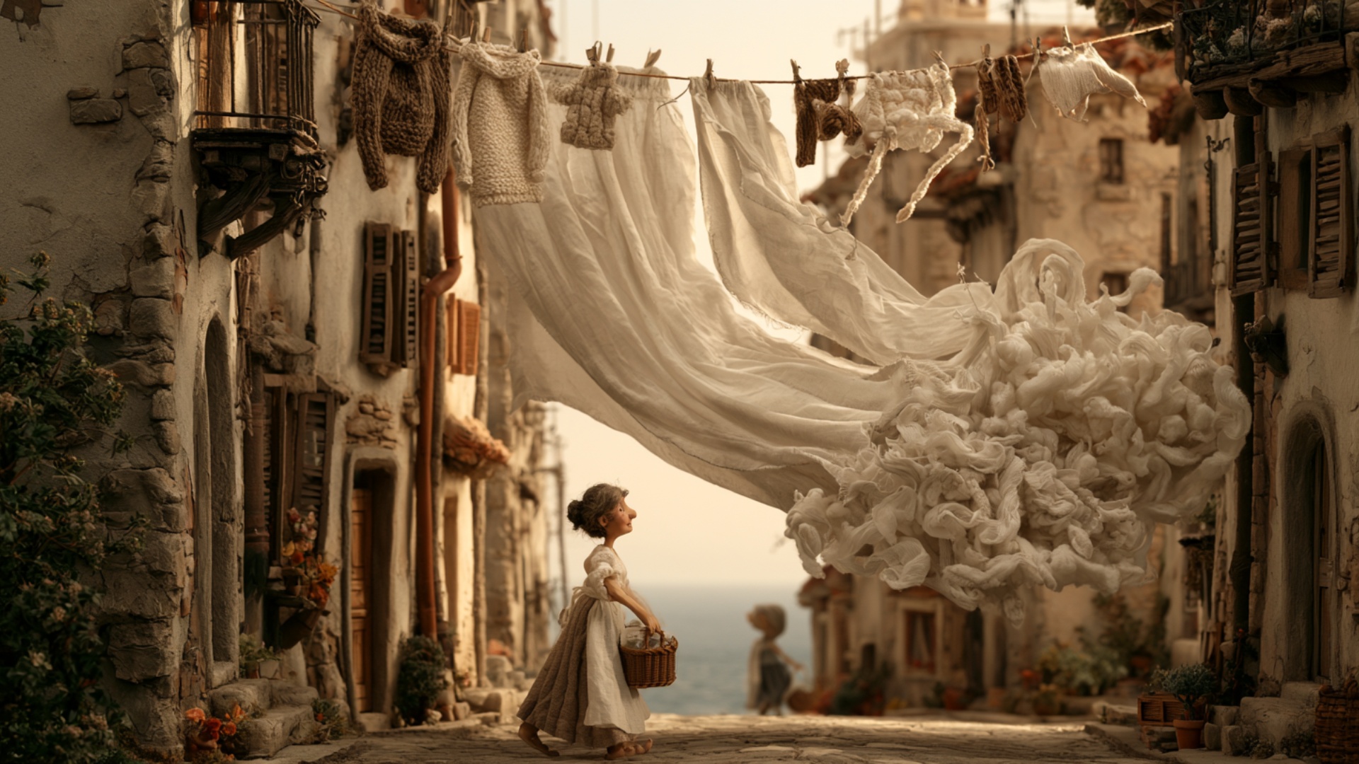 A sudden gust fills the huge white sheet with air, lifting it high across the street like a sail....