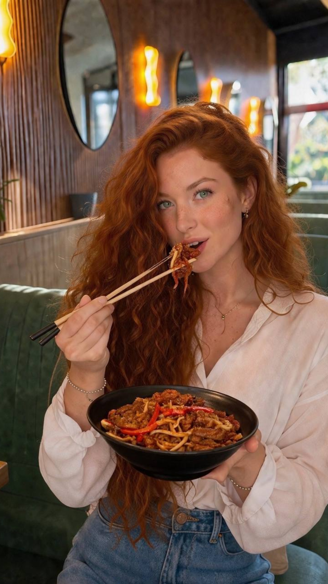 A realistic cinematic video of the SAME young red-haired woman with freckles sitting in a cozy mo...