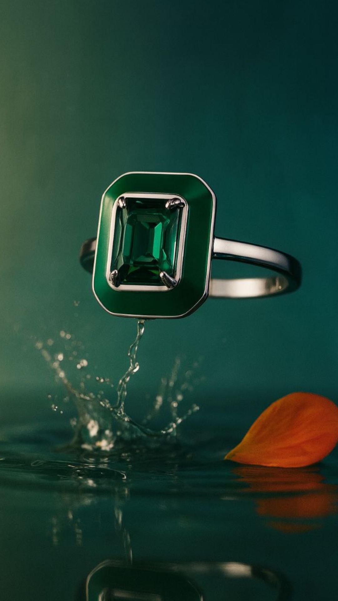 Editorial-style slow motion video of a luxurious silver ring with a bold emerald-cut green gemsto...
