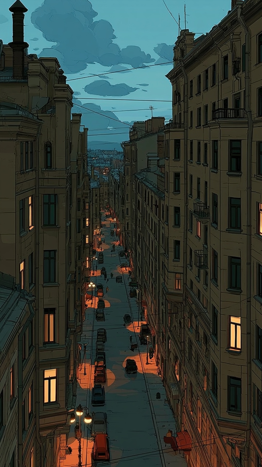 Drone perspective following from above, street lamps flickering.
