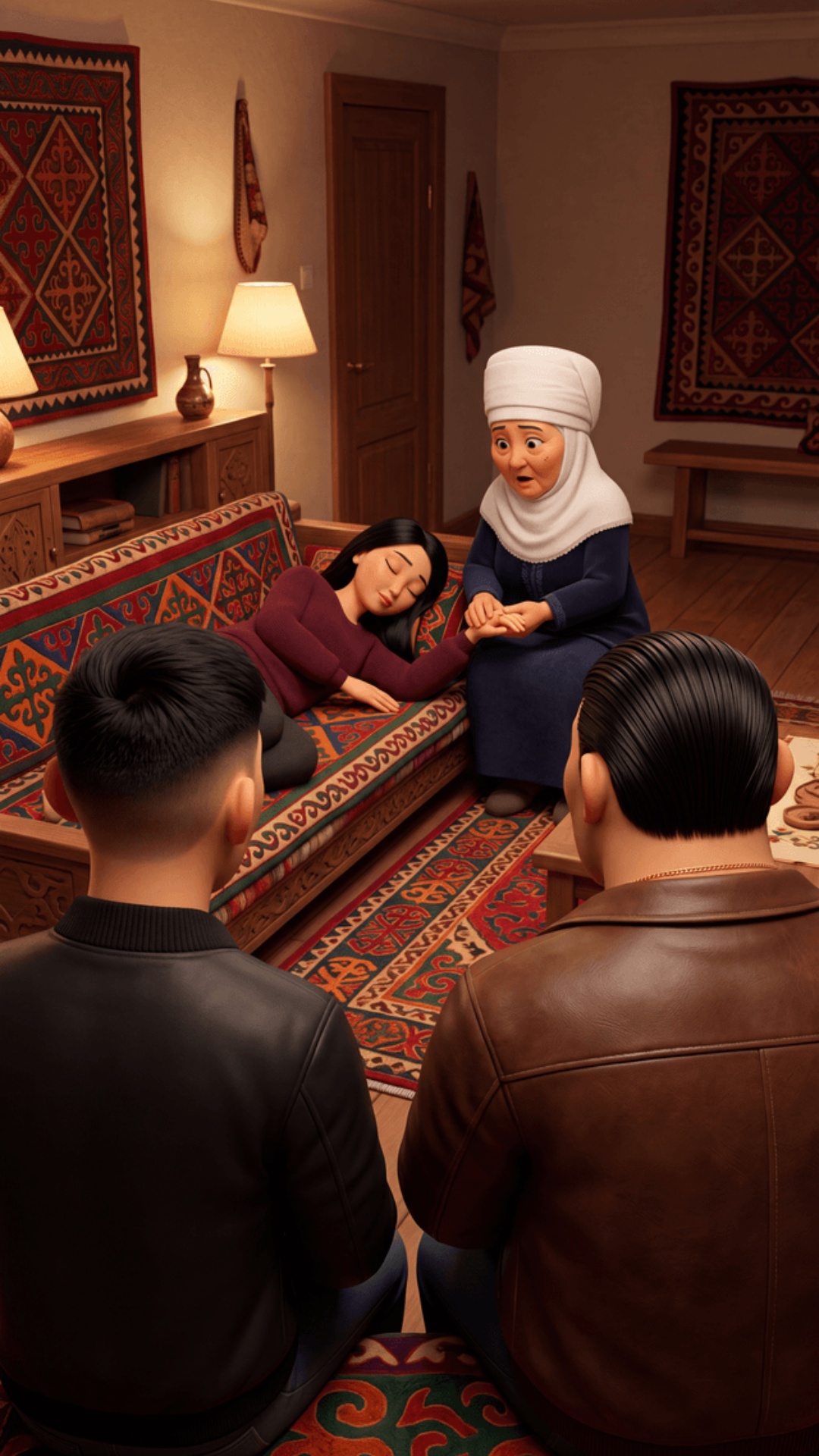 "ONLY the Grandmother speaks in this entire clip. Kyrgyz home room at evening, warm oil lamp glow...