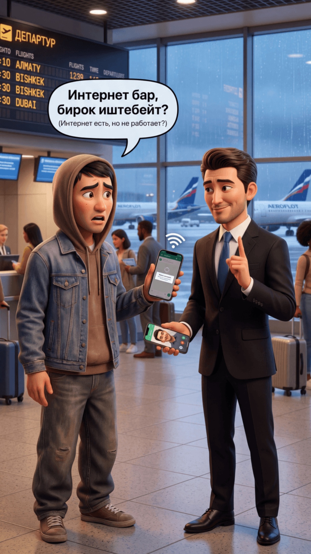 70% Pixar 3D animation 30% cinematic 4K, 9:16,
same airport location, same two characters.

BEAT ...