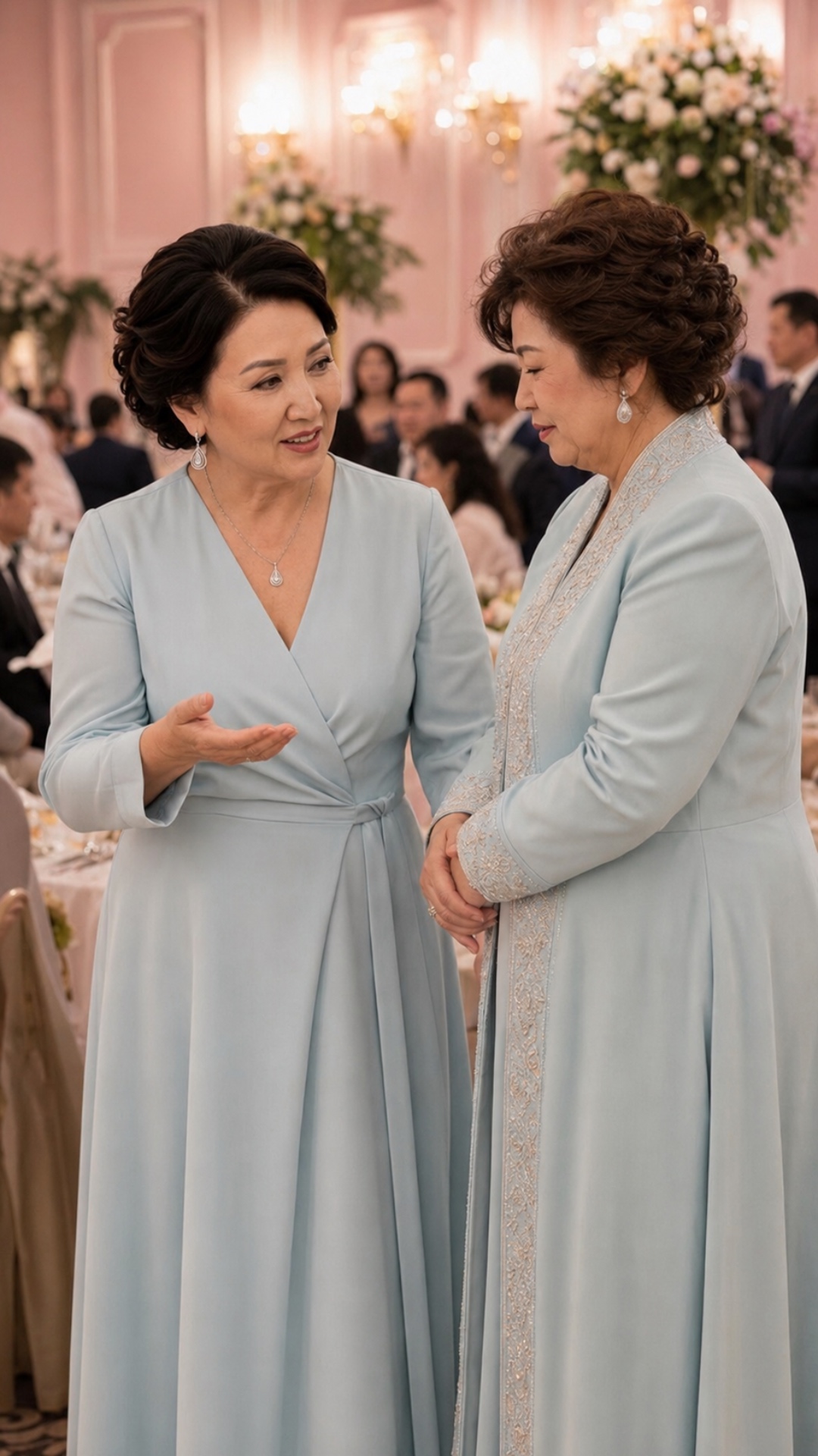 Create a realistic vertical 9:16 image-to-video scene in a luxury Kazakh banquet hall. Two mature...
