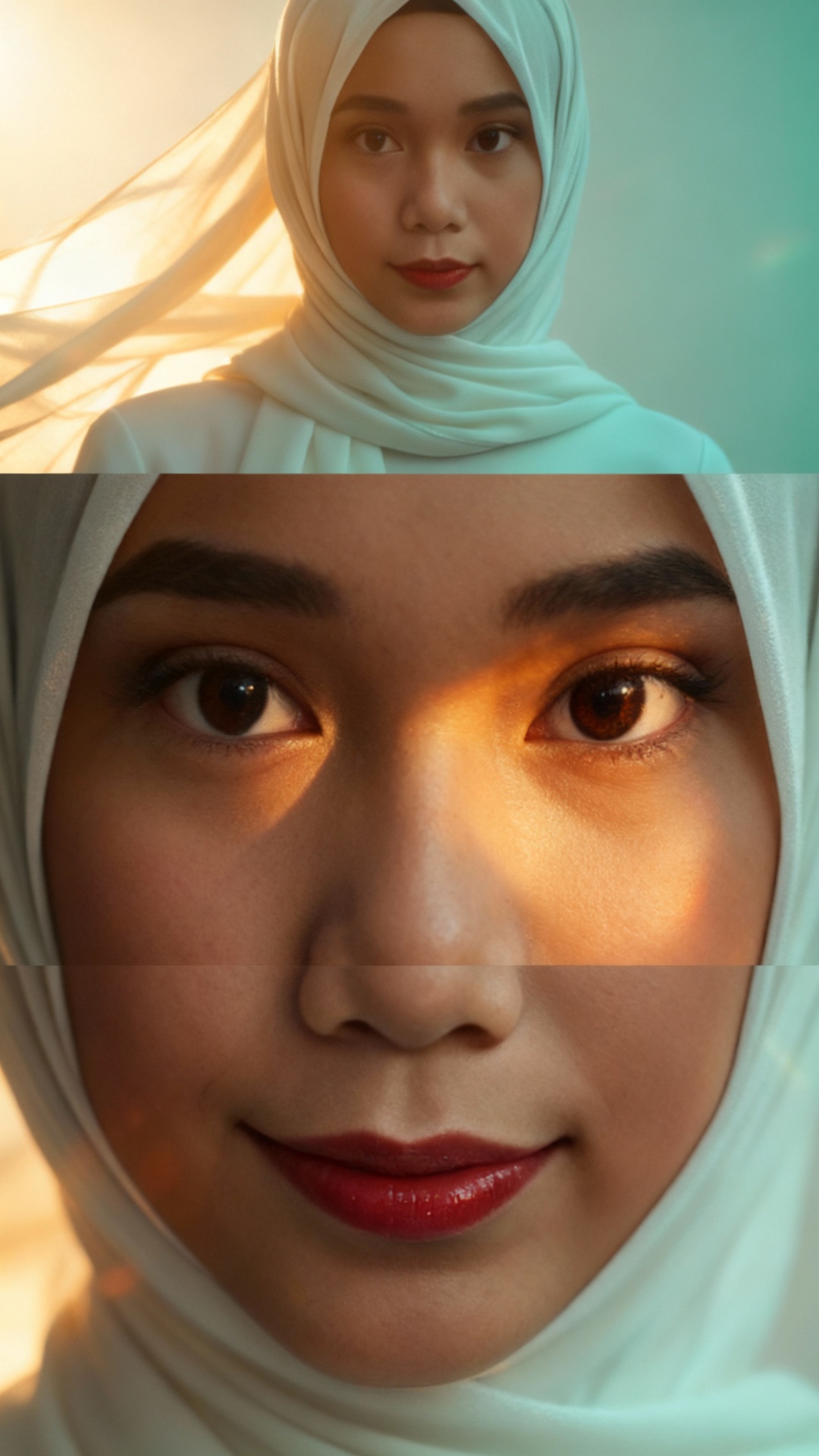 "Cinematic triptych portrait, 9:16 vertical, divided into three dynamic sections: Section one: hi...