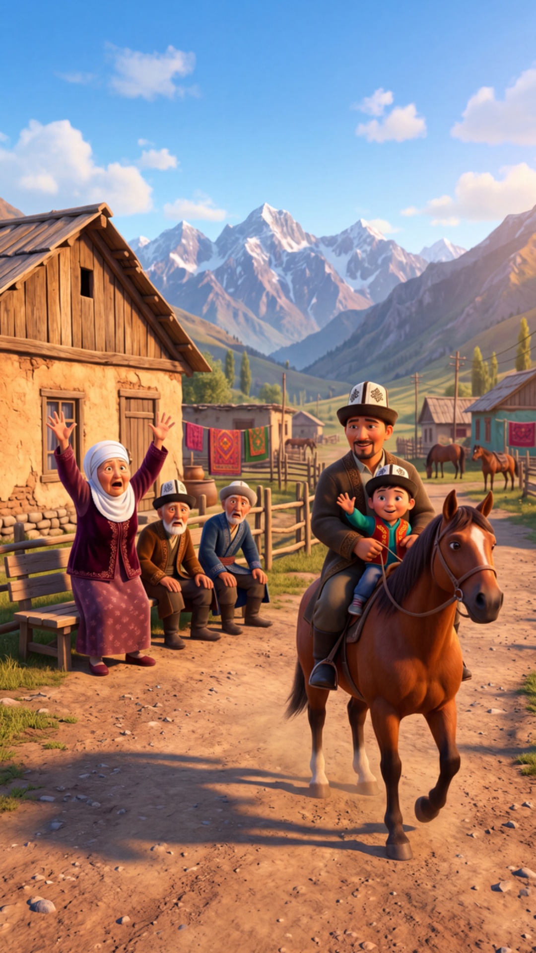 Pixar 3D animation, cinematic. Same Kyrgyz village bench. Background: 
father and son both riding...