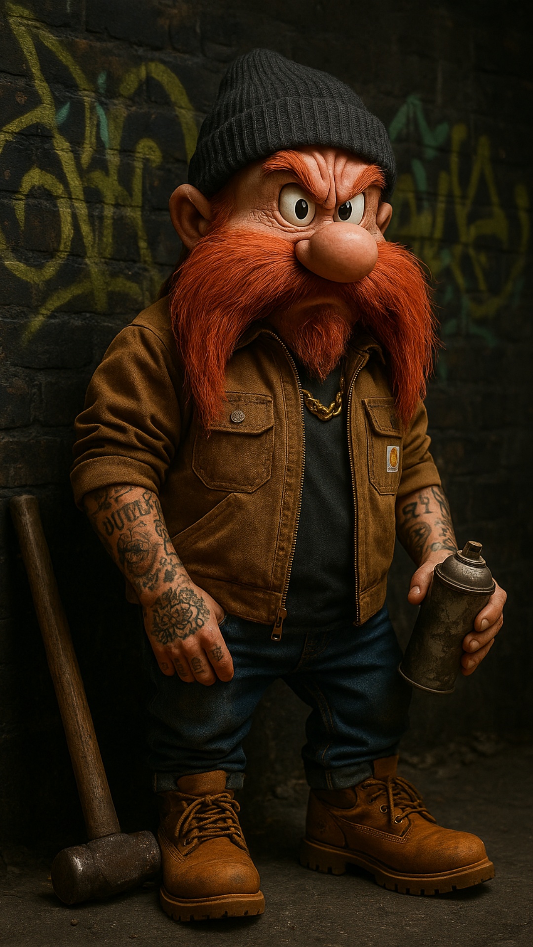 Cinematic video of Yosemite Sam in a dark graffiti alley. He wears a Carhartt jacket, jeans, Timb...