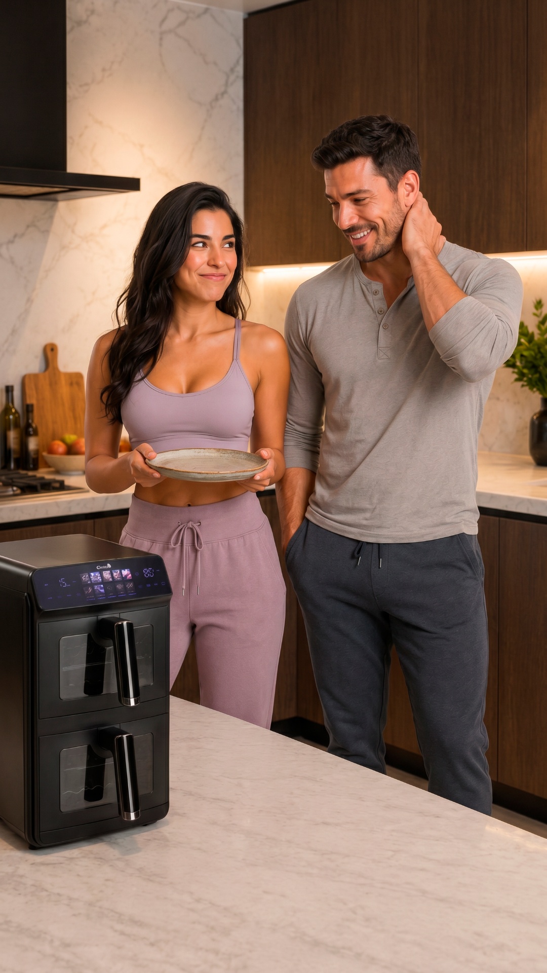 Realistic cinematic video.

The air fryer remains fully closed at the beginning.

The woman s...