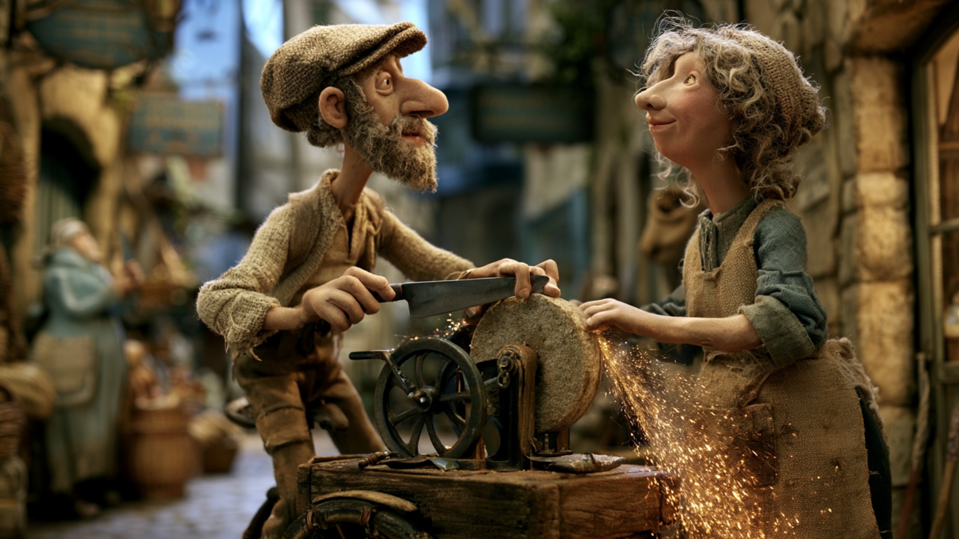 The man keeps the existing knife steady against the spinning stone while the woman beside him car...
