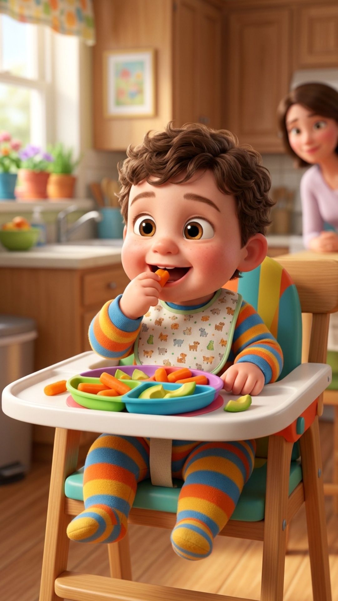 Art style: 3D Pixar.

Яркий, жизнерадостный кадр. На столике для кормления лежат разноцветные мяг...