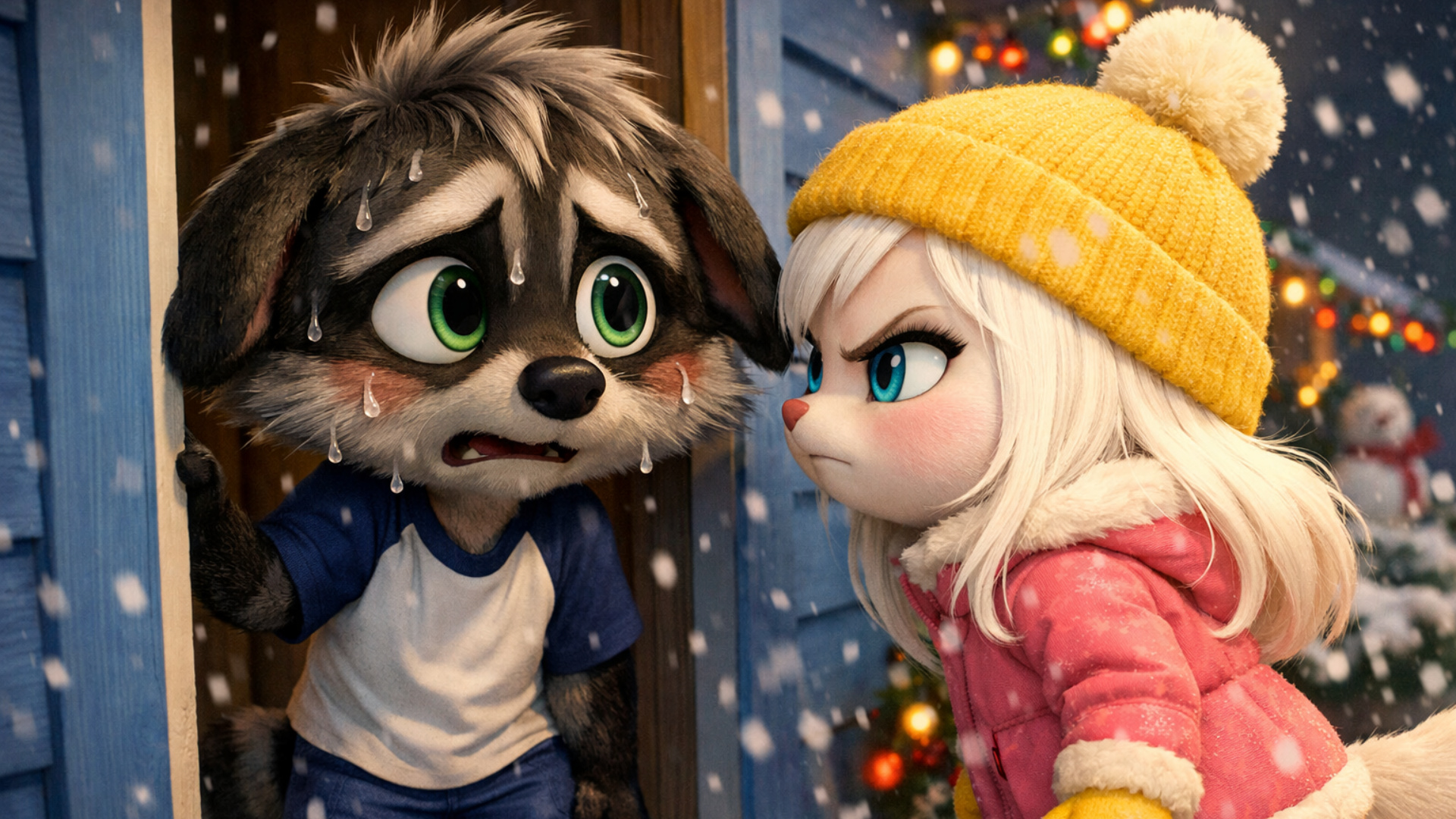 3d fluid expressive animation of anthro female white kitten angrily glaring at a nervously scared...