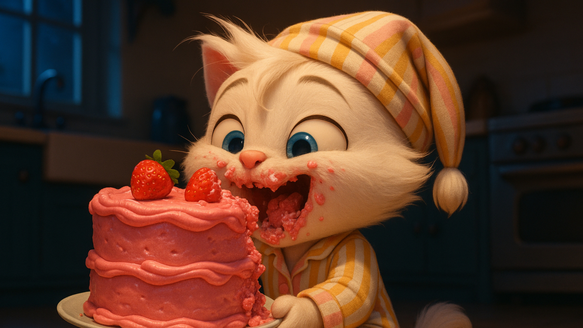 anthro female kitten eating a cake