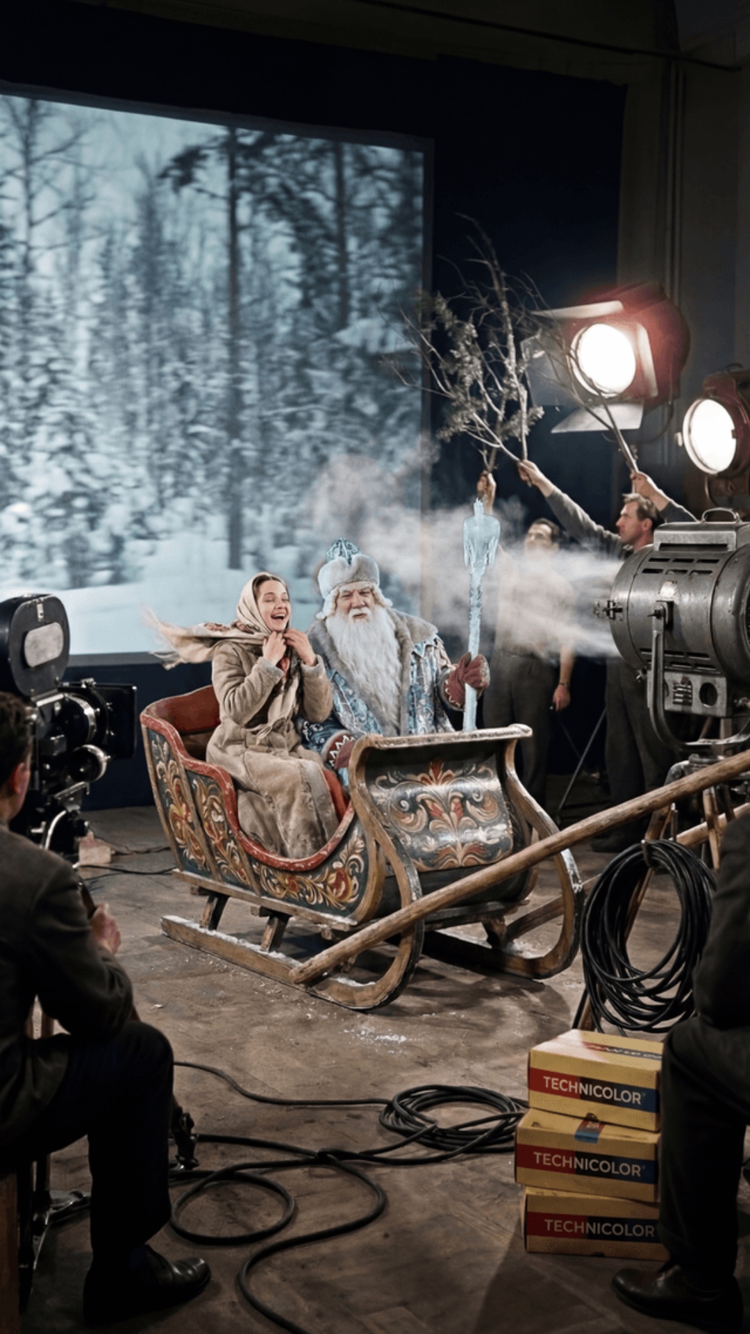 Cinematic behind-the-scenes shot: tree monster actors adjusting their poses with subtle branch mo...