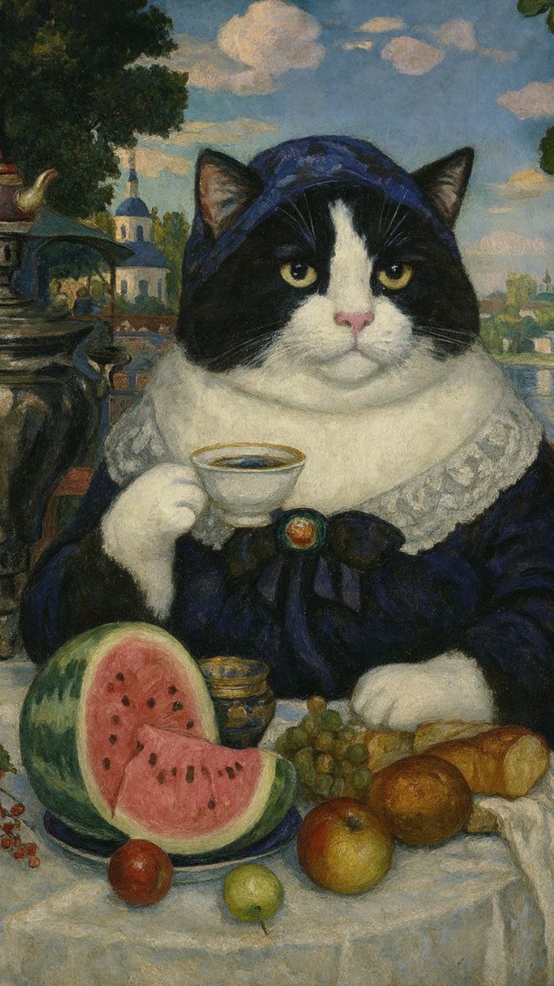 Subject: Chubby black-and-white cat  
Context: Richly decorated tea table with fruits, watermelon...