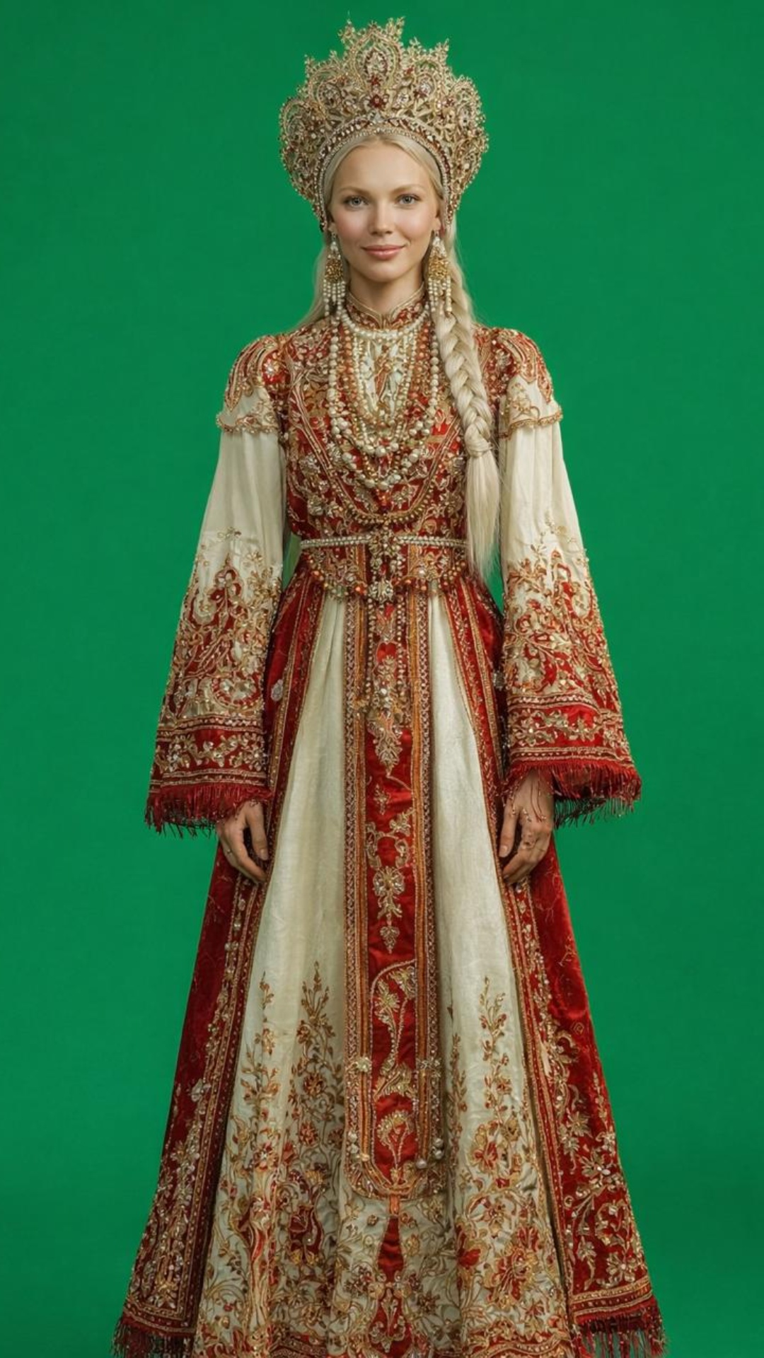 Single full-body shot. Ultra-realistic young Slavic woman with long white-blonde braided hair, we...