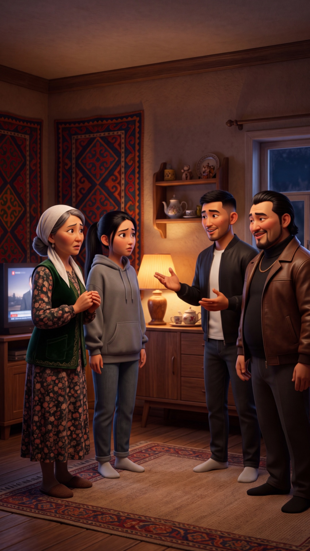 "Kyrgyz village home at evening, warm lamp light. ONLY three speak in order: Gulmira, then Nurlan...