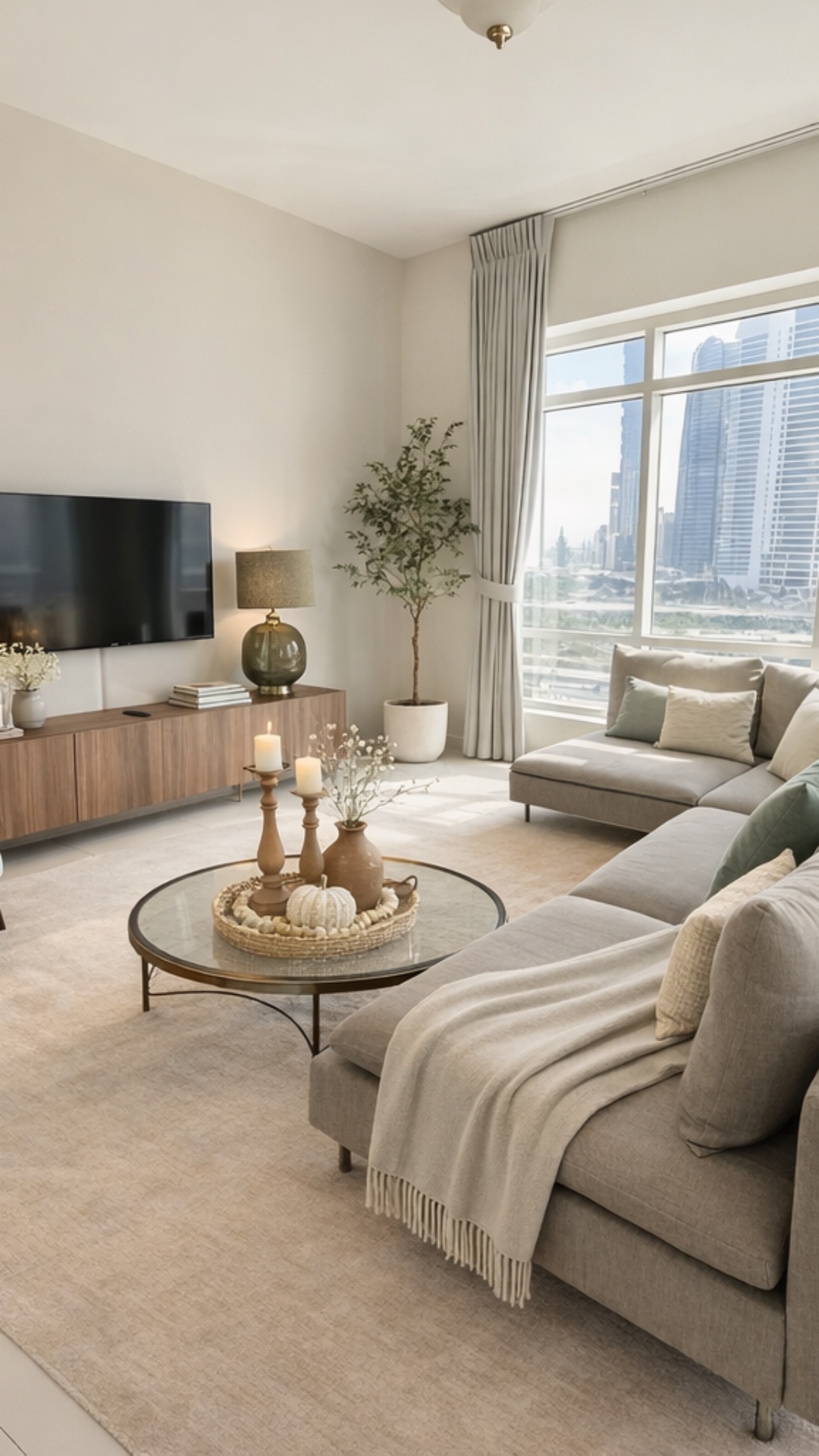 A 4-second cinematic high-quality interior shot. Slow camera dolly-in moving towards the window, ...