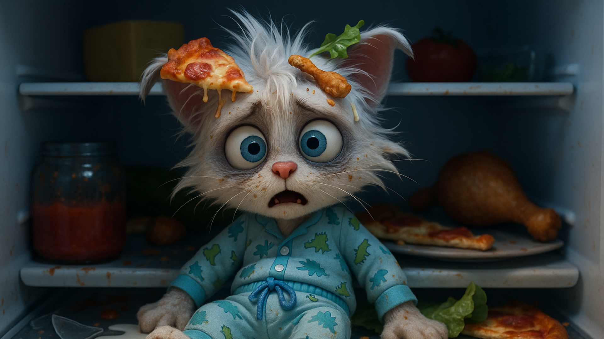 anthro white male kitten looks shocked upon seeing something off-screen