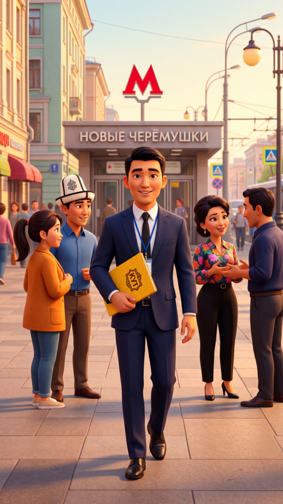 Pixar 3D animation, cinematic realism, vibrant warm colors.
Moscow street, daytime. Metro "НОВЫЕ...