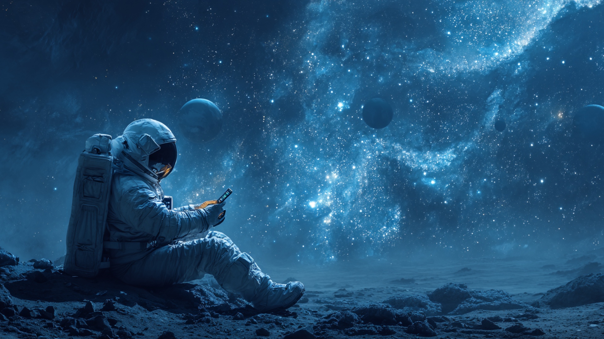 in the silence of deep space, an astronaut sits on a rocky surface, gently hovering weightless be...