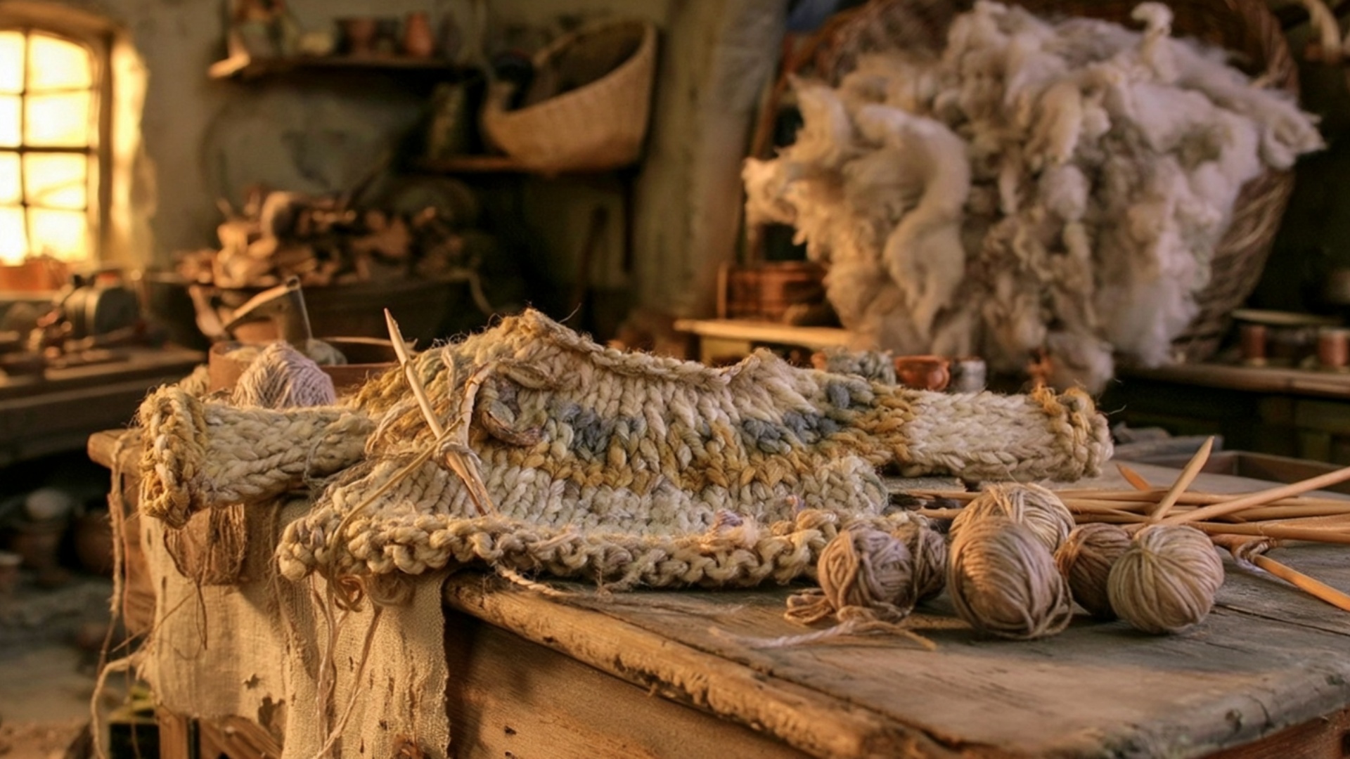A light draft from the nearby window moves one loose yarn end and lifts a few soft wool fibers ac...