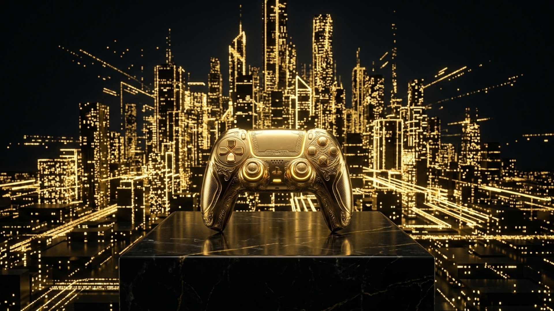 A luxurious golden game controller rests on a black marble pedestal. Thousands of glowing golden ...