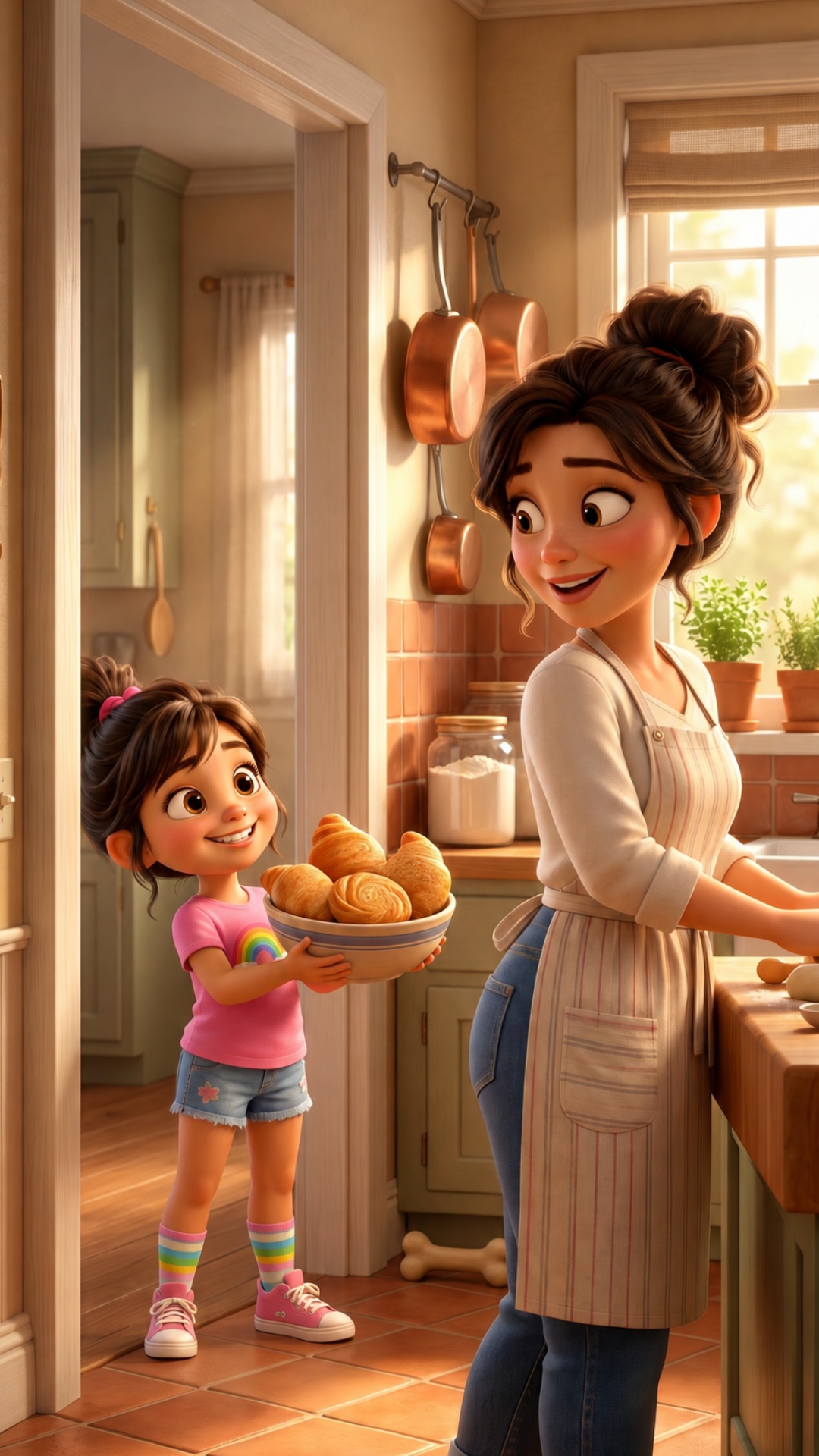 The girl happily walks into the kitchen carrying the sign.

The mother looks confused.

The g...