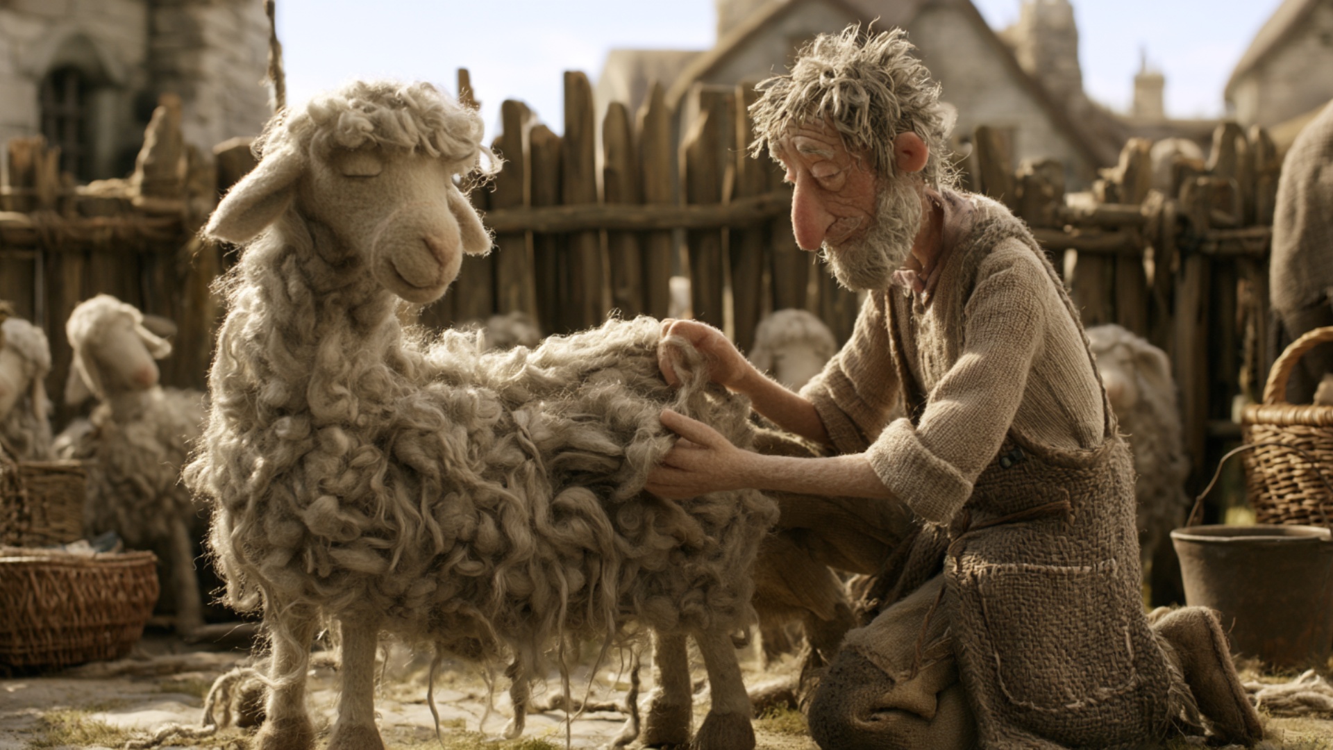 The shepherd lifts a thick section of fleece with one hand and parts the wool with the other, exa...