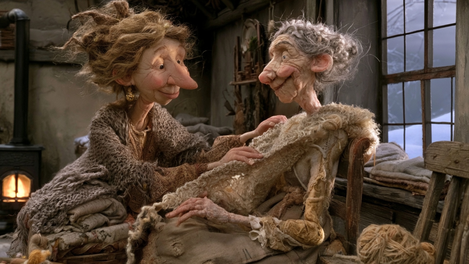 The standing woman settles the wool shawl around the elderly woman’s shoulders and smooths the fr...