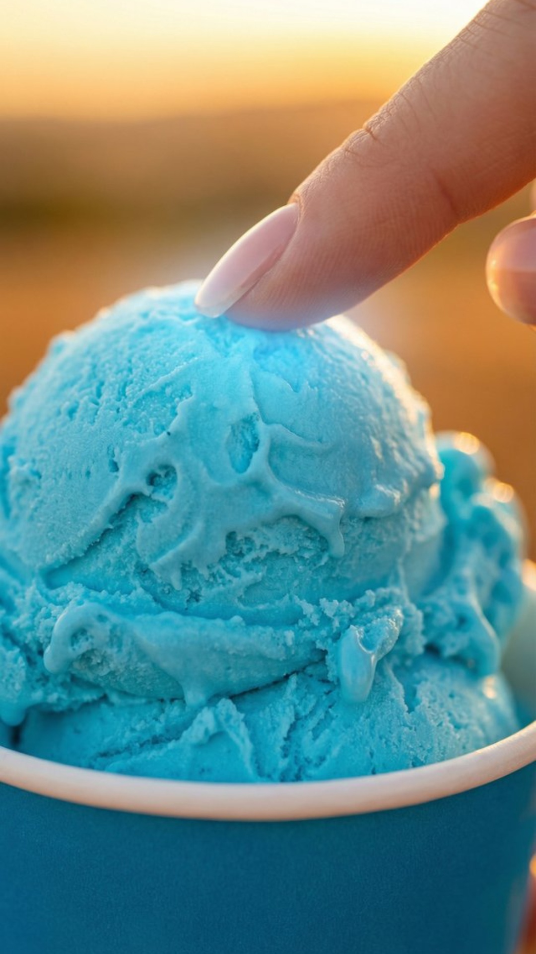 Extreme macro.
As her finger touches the ice cream, a wave of blue energy spreads outward in a sm...