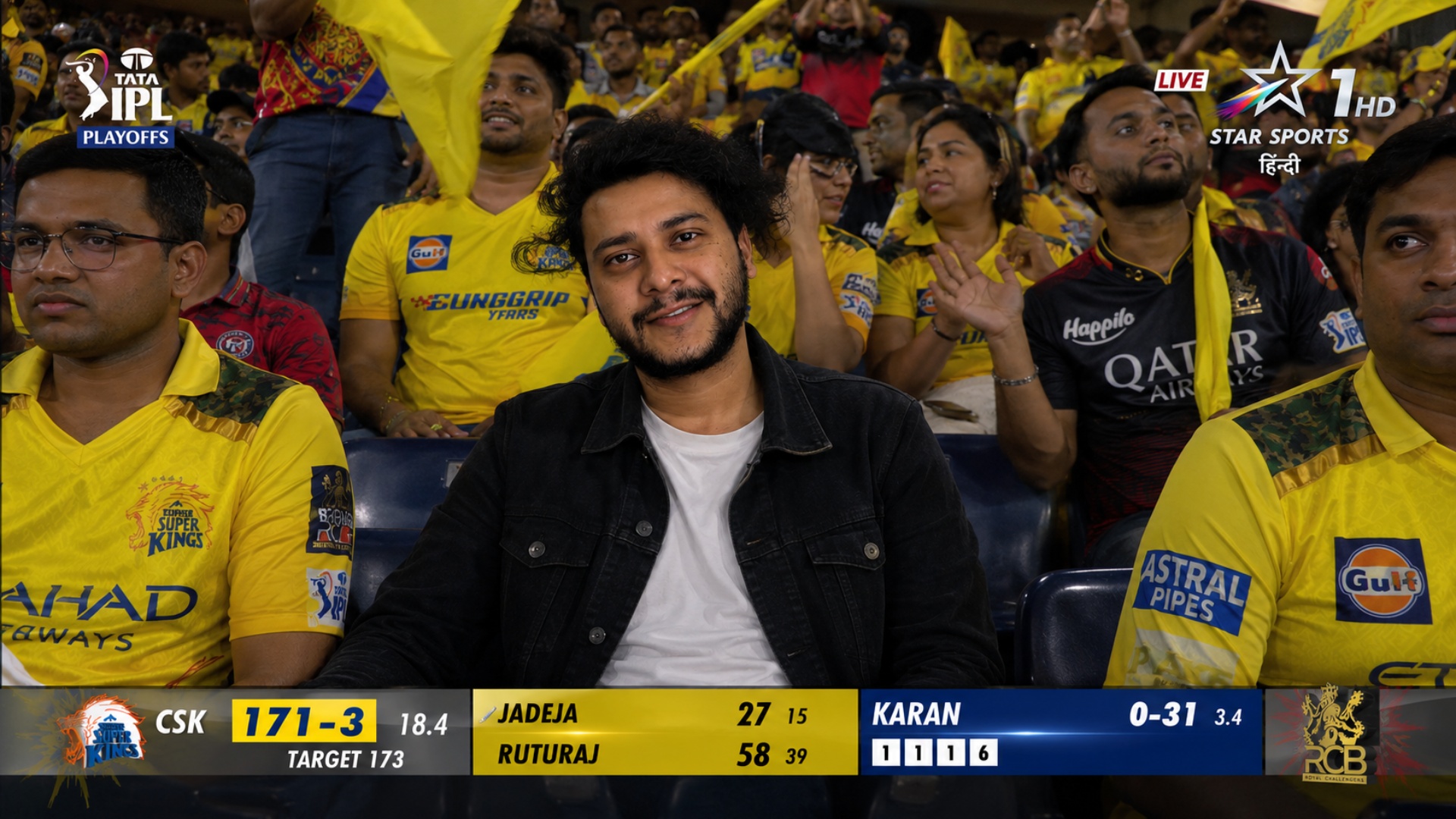 0–1s
Wide stadium shot. Crowd cheering. Camera suddenly zooms into a fan.
1–3s
Fan watches match ...