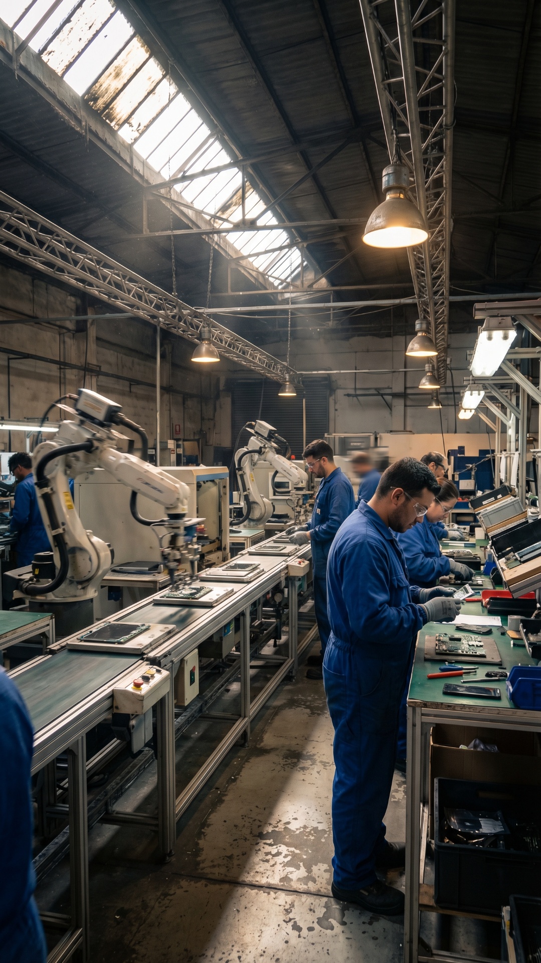 Ultra photorealistic smartphone manufacturing factory, real industrial environment, workers in un...