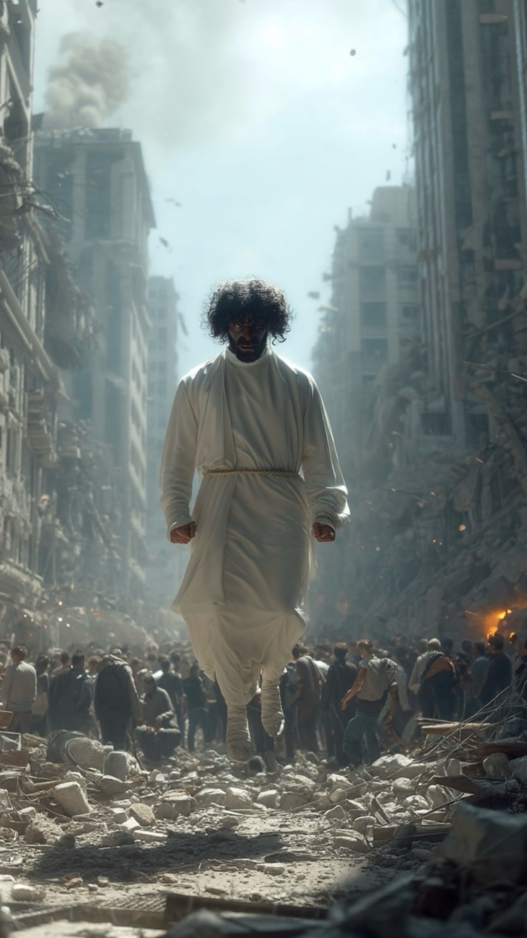 A photorealistic and cinematic video based on the image, capturing the powerful and unsettling ar...