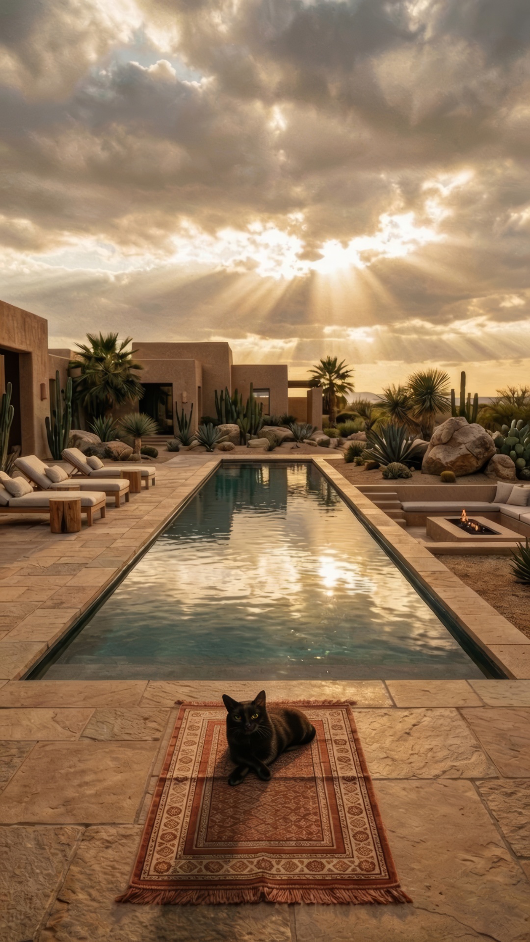 Start from a scene where a highly realistic cat is lying calmly on a prayer mat near a pool in a ...