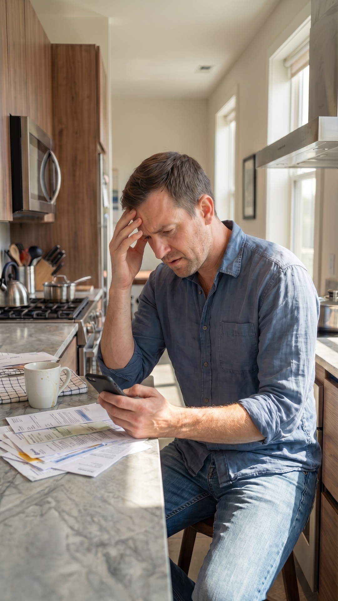 same man sitting in kitchen, looking at phone, subtle head movement, sighing, stressed expression...