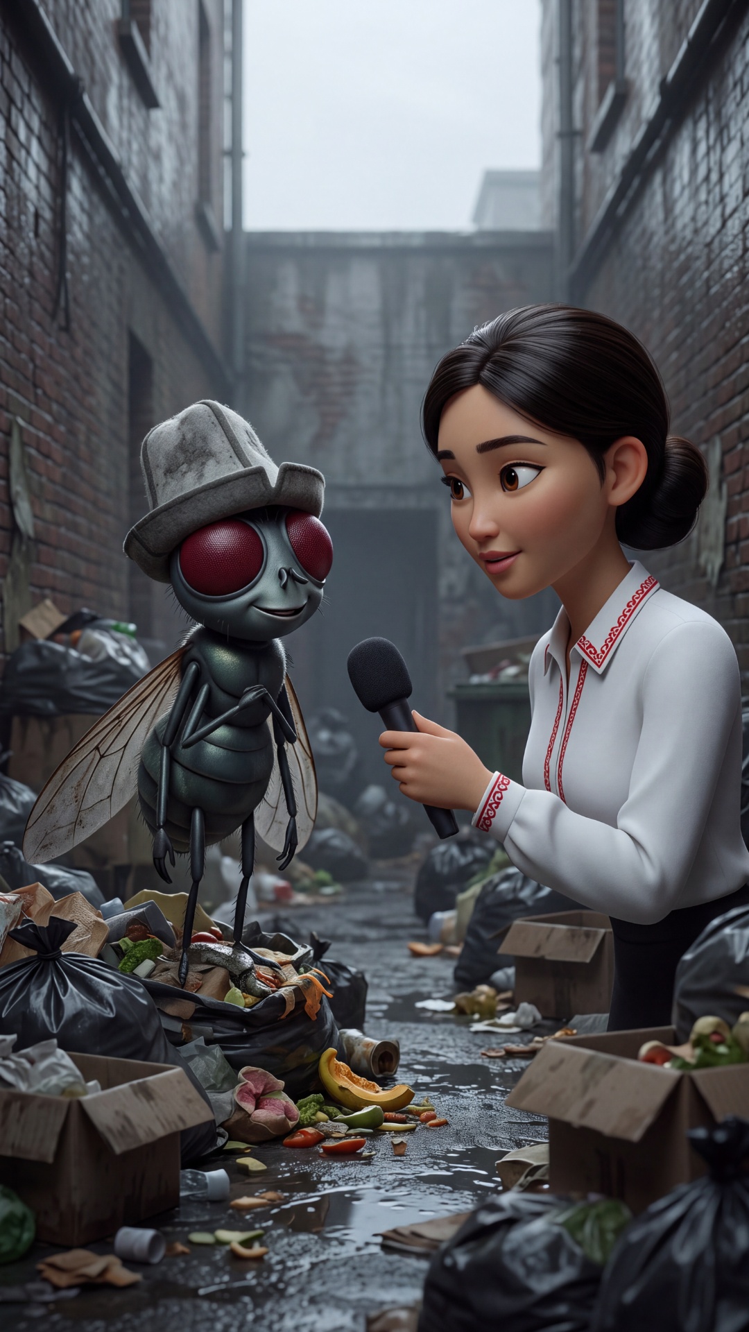 Pixar-style 3D, 9:16 vertical, camera frames BOTH characters.

JOURNALIST (RIGHT): young Kyrgyz w...